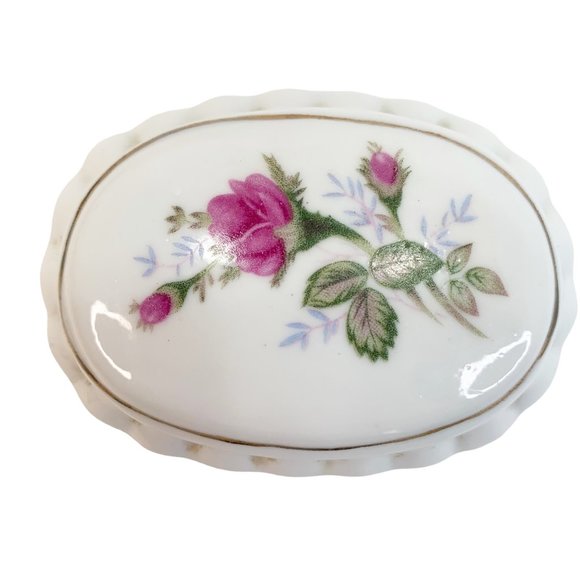 Vintage Trinket Box Pink Rose Ruffle Edge Gold Trim Jewelry Ring Coin Catch All - Picture 2 of 8